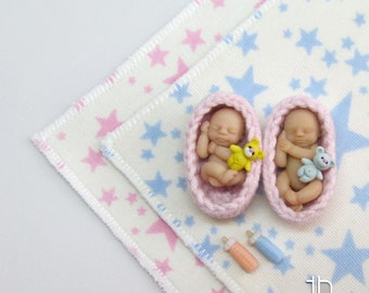 Micro mini newborn TWINS Polymer clay baby original hand sculpted art ooak dolls 1.5" dollhouse scale