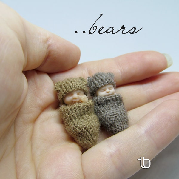 Micro mini newborn - Twins Teddy bear - Polymer clay original hand-free sculpted tiny art dolls - OOAK 1:12 scale