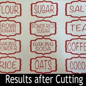 May include: Twelve red labels with white text for various pantry items. The labels read: Flour, Sugar, Salt, Brown Sugar, Powdered Sugar, Tea, Baking Powder, Baking Soda, Coffee, Rice, Oats, and Cocoa. The labels are cut out and ready to be used.