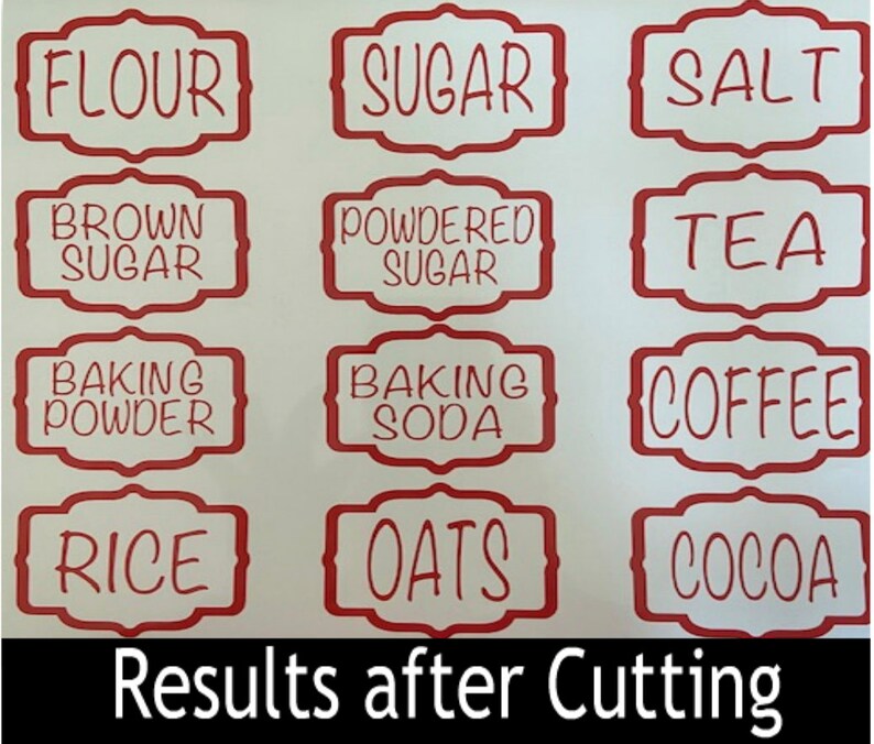 May include: Twelve red labels with white text for various pantry items. The labels read: Flour, Sugar, Salt, Brown Sugar, Powdered Sugar, Tea, Baking Powder, Baking Soda, Coffee, Rice, Oats, and Cocoa. The labels are cut out and ready to be used.
