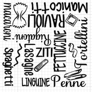 May include: Black and white illustration of different types of pasta, including spaghetti, ravioli, fettuccine, penne, ziti, lasagna, and macaroni. The illustration includes the names of each type of pasta.
