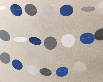 Blue, gray, white paper circle garland, party decoration, baby boy birthday, 1.5” circle, multiple lengths, nautical