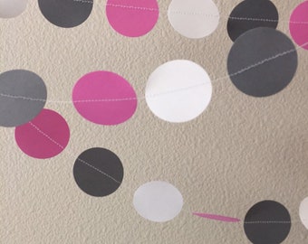 Pink, gray, white paper circle garland, party decoration, birthday, 1.5” circle, lengths