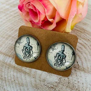 Stud earrings &quot;Octopus&quot; 18 mm cabachon, sea, beach, octopus, vintage, lake, blue, beige, free 2nd pair of clasps, allergy-reduced stainless steel