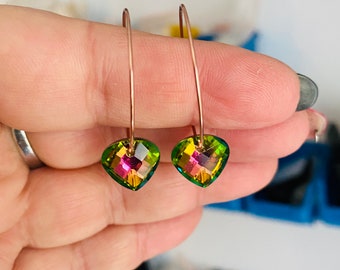 Hoop earrings with pendant, glass, hearts, stainless steel, small charm pendants, rose gold, facet, cut, crystal, glitter, yellow, pink, green