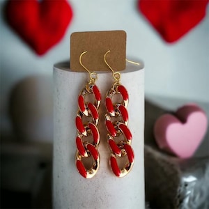 Pendientes &quot;Gala rojo&quot;, declaración, acrílico, cadena de eslabones, cadena gruesa, eslabones gruesos, cadena de eslabones, resistente al agua, ligero, dorado, acrílico,