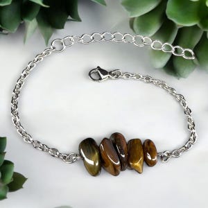 Bracelet &quot;Liara&quot; with tiger&#39;s eye, stainless steel, gemstone, natural stone, adjustable, extension, healing stone, chakra, spiritual, yoga, brown