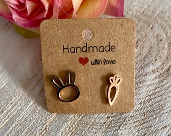 Rabbit and carrot, Earrings, Stainless steel, Easter, Animal, suitable for allergy sufferers, rose gold, Children, Gift, Vegetables, Pet, Earrings, Plug