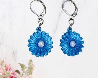 Earrings "blue flowers" 3D jewelry, hanging earrings with blue flower, daisy, daisies