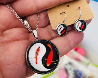 Necklace with pendant and earrings, set, stainless steel, silver, yin yang, black and white, fish, koj, red, swimming, aquarium, sea animal, fin