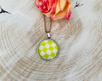 Checkered, yellow, white, Reseda, chess board, motif, chain with pendant, long, short, cabochon, image, print, stainless steel, real, real jewelry,