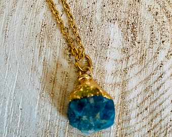 Necklace with apatite gemstone pendant, blue, turquoise, gold, stainless steel, stone, coarse, stone pendant, yoga, healing stone, spiritual, protective stone