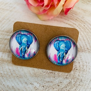 Stud earrings &quot;Elephant&quot; 18 mm cabachon, blue, Indian, colorful, Holi, zoo animal, Benjamin, free 2nd pair of clasps, allergy-reduced stainless steel