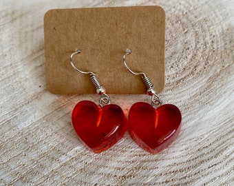 Heart, Love, Valentin, Love, Amore Earrings, Red Heart, Acrylic, Stainless Steel Earhook with silicone sleeve, gift, funny, in love