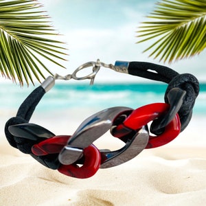 Bracelet "Gothic-Sport", coarse links, chunky chain, statement, overfit, link chain, plastic, curb chain, anthracite metallic, red