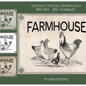 Farmhouse Digital Instant Download para impressão País Primitivo Transferência JPG Tags de imagem Galinhas