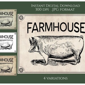 Farmhouse Digital Instant Download para impressão País Primitivo Transferência JPG Etiquetas de imagem Fazenda Barnyard Pig