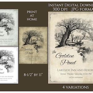 Vintage-Style Digital Instant Download Printable Country Primitive Transfer JPG Image Tags Golden Pond Inn