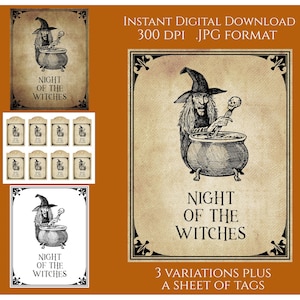 Halloween Witch Night Digital Instant Download Printable Sign Tags Label Country Primitive Transfer JPG Image