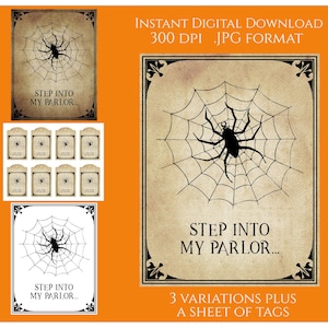 Halloween Spider Parlor Digital Instant Download Printable Sign Tags Label Country Primitive Transfer JPG Image