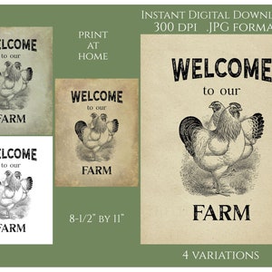 Farmhouse Digital Instant Download para impressão Country Primitive Transfer JPG Image Tags Chickens Farm Bem-vindo