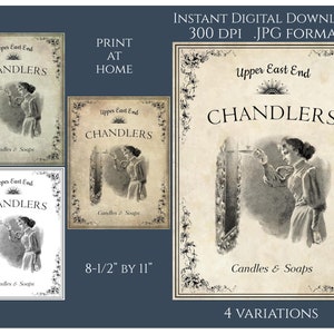 Könnte beinhalten: Vier Variationen eines druckbaren Etiketts im Vintage-Stil für Kerzen und Seifen. Das Etikett zeigt eine Frau in einem langen Kleid, die eine Kerze anzündet, mit dem Text "Upper East End Chandlers Candles & Soaps". Das Etikett ist 21,6 cm x 27,9 cm groß.