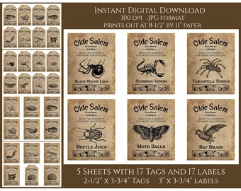 May include: Five printable sheets of Halloween-themed labels and tags. Each sheet features a vintage-style design with a different creepy ingredient, such as black widow legs, scorpion venom, and tarantula tongue. The labels are 3 inches by 3 3/4 inches and the tags are 2 1/2 inches by 3 3/4 inches.