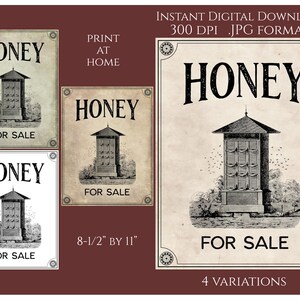 Puede incluir: Cuatro variaciones de un cartel imprimible que dice "Miel a la venta". El cartel presenta una ilustración vintage de una colmena con abejas volando a su alrededor. El cartel mide 21,6 cm por 27,9 cm y está disponible como descarga digital en formato JPG.