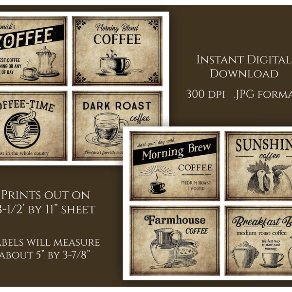 Farmhouse Coffee Labels Digital Instant Download Printable Country Primitive Pantry JPG Images Crafting Printables