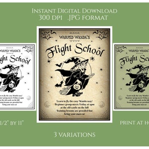 Flight School Witch Halloween Humor Digital Download Printable Sign Label Country Primitive Transfer JPG Image