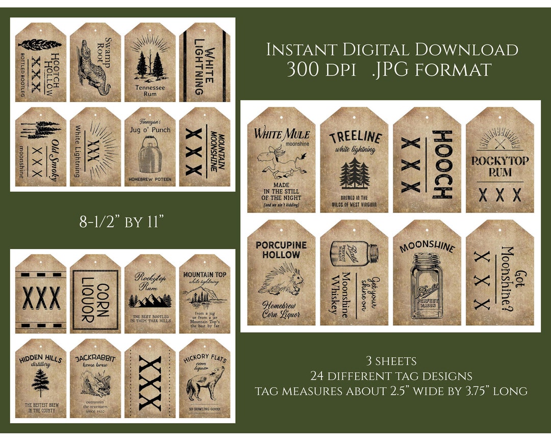 Moonshine Whiskey Bottle Jar Tags Digital Instant Download Printable