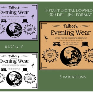 Werewolf Evening Wear Halloween Humor Digital Download Printable Sign Label Country Primitive Transfer JPG Image