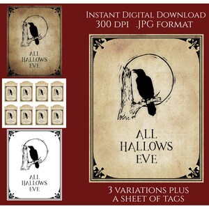 Halloween Crow Hallows Eve Digital Download Printable Sign Tags Label Country Primitive Transfer JPG Image