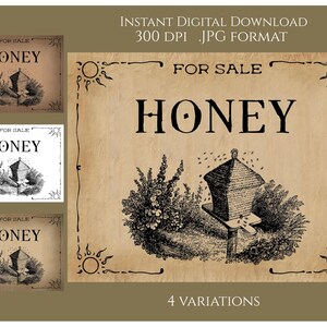 Puede incluir: Cuatro variaciones de una etiqueta de miel de estilo vintage con el texto "FOR SALE HONEY" en una fuente serif negra. La etiqueta presenta una ilustración en blanco y negro de una colmena con abejas volando a su alrededor. El fondo es una textura de papel marrón.