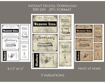 Op de afbeelding: Digitale download van vintage wasruimteborden. De borden bevatten tekst als "Washing Soda", "Cast Iron" en "Oil Lamps". De sepia-kleurige borden zijn verkrijgbaar in drie varianten. Het papierformaat is 21,59 cm x 27,94 cm.