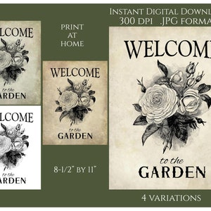 Download instantâneo digital estilo vintage para impressão, transferência primitiva de país, etiquetas de imagem JPG, flores de jardim, boas-vindas