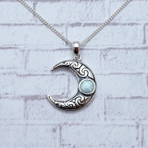 Sterling Silver Celtic Opal Necklace / White Opal Crescent Moon / Celtic Jewelry / Celtic Necklace / Sterling Silver / Irish Jewelry