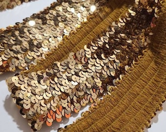 GOLD 5 Row Elastic Sequin Trim | Metallic Strecth Sequin Trim 2 inch Wide | Sparkly Sewing Trim | Sold by the yard