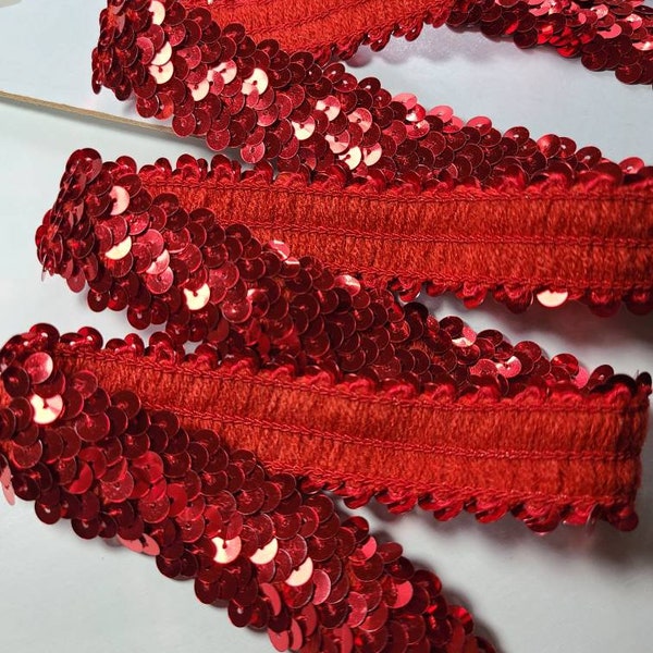 Red 3 Row Elastic Sequin Trim | Metallic Red Strecth Sequin Trim 1 inch Wide | Sparkly Sewing Trim | Sold by the yard