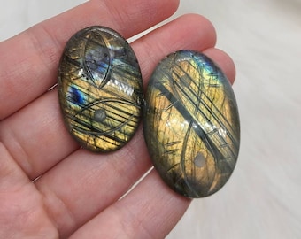 Lot of 2 Labradorite Cabochons with Eye Carvings | Striped Orange Labradorite Cabochon | Labradorite Fancy Cabochon | Unique Carved Cabochon