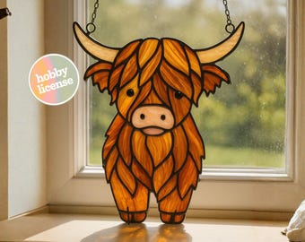 Highland Cow Stained Glass Pattern DIY Home Decor Template Digital Download