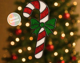 Festive Candy Cane with Bow Stained Glass Pattern for Christmas DIY Template Digital Download
