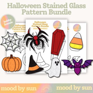 May include: A Halloween stained glass pattern bundle is shown, featuring a spider, coffin, candy corn, pumpkin, witch hat, ghost, and bat. The image includes the text "Halloween Stained Glass Pattern Bundle" and "mood by sun".