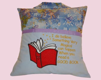 Embroidered Reading Pillow Book Cushion Front pocket personalised gift for Children or Adults Teacher Bookworm College student Home decor