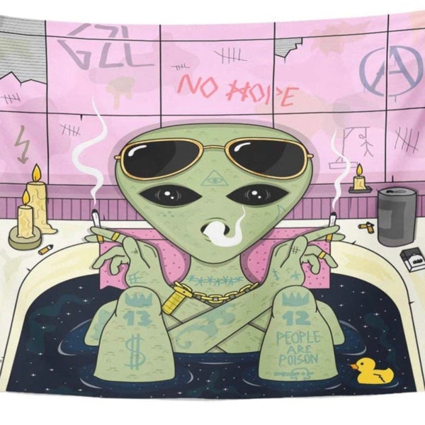 Trippy Alien Smoke Cigarette And Chill Bath Glasses Tapestry Wall Hanging Blanket Decoration for Home Living Bedroom