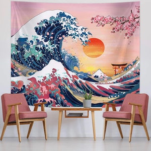 Trippy Psychedelic Ocean Wave Tapestry Sunset Nature Tapestry 3D Great Wave Wall Hanging Tapestries, Tapestry Decor for Room Bedroom dorm