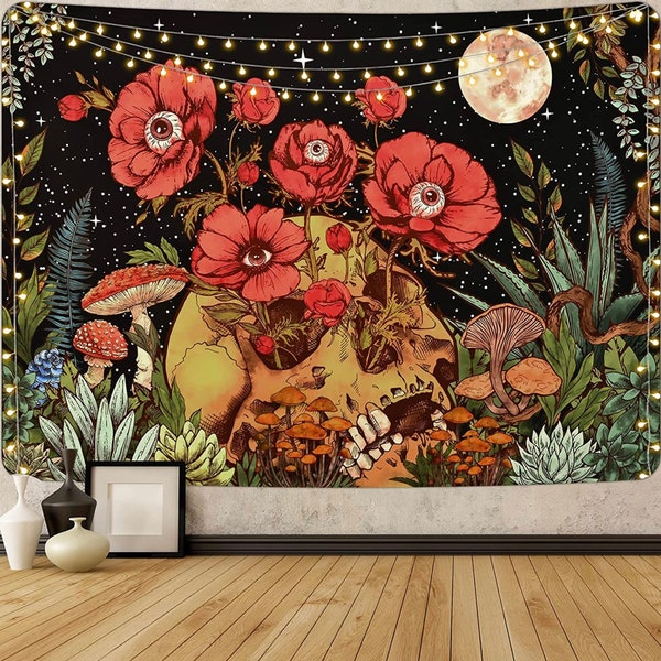 Batonical Skull Garden Wall Tapestry Hippie Moon Wall Hanging Tapestry Flower Mushroom Decor Tapiz floral para dormitorio dormitorio sala de estar