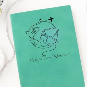 Könnte beinhalten: Ein türkisgrünes Notizbuch mit dem Text "Molly's Travel Memories" und einer Weltkartenillustration mit einem Flugzeug. Das Notizbuch liegt auf einer weißen Oberfläche mit einer Kaffeetasse, einem Bleistift und Kopfhörern.