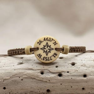 Personalized Compass Bracelet with Coordinates, Mens Jewelry, Cotton Anniversary Gift