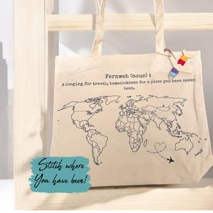 Stitch Where You've Been Travel Tote Bag, World Map Travel Gift, Scratch Map Alternative